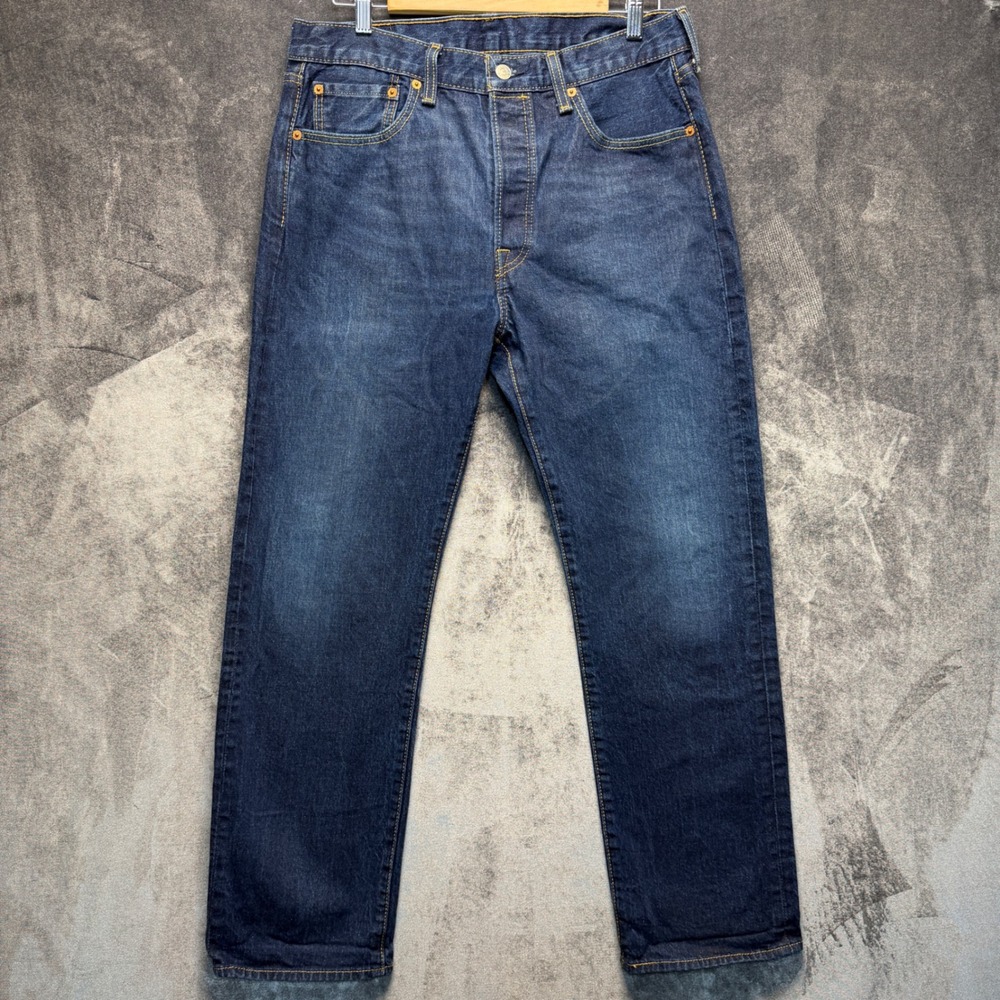 Levis Jeans Mens 34x30 Blue Cotton Blend 501 Straight Mid Dark Wash Button Fly